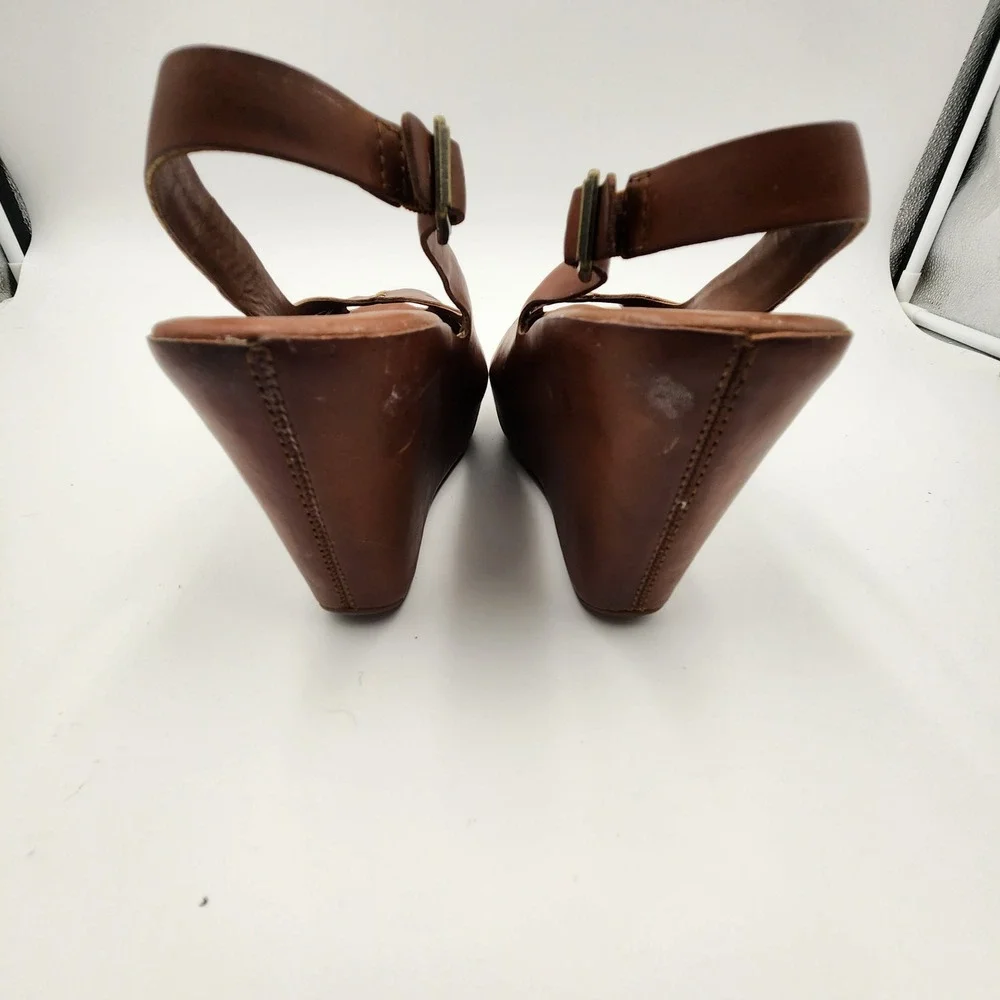 Kork-Ease Bette Tan Leather Platform Wedge Sandals Slingback Peep Toe Brown 9